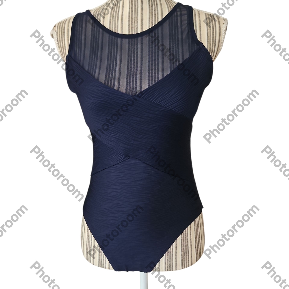 CARMEN MARC VALVO Woman Navy Blue Mesh Trim High Neck One Piece Swimsuit Size 10